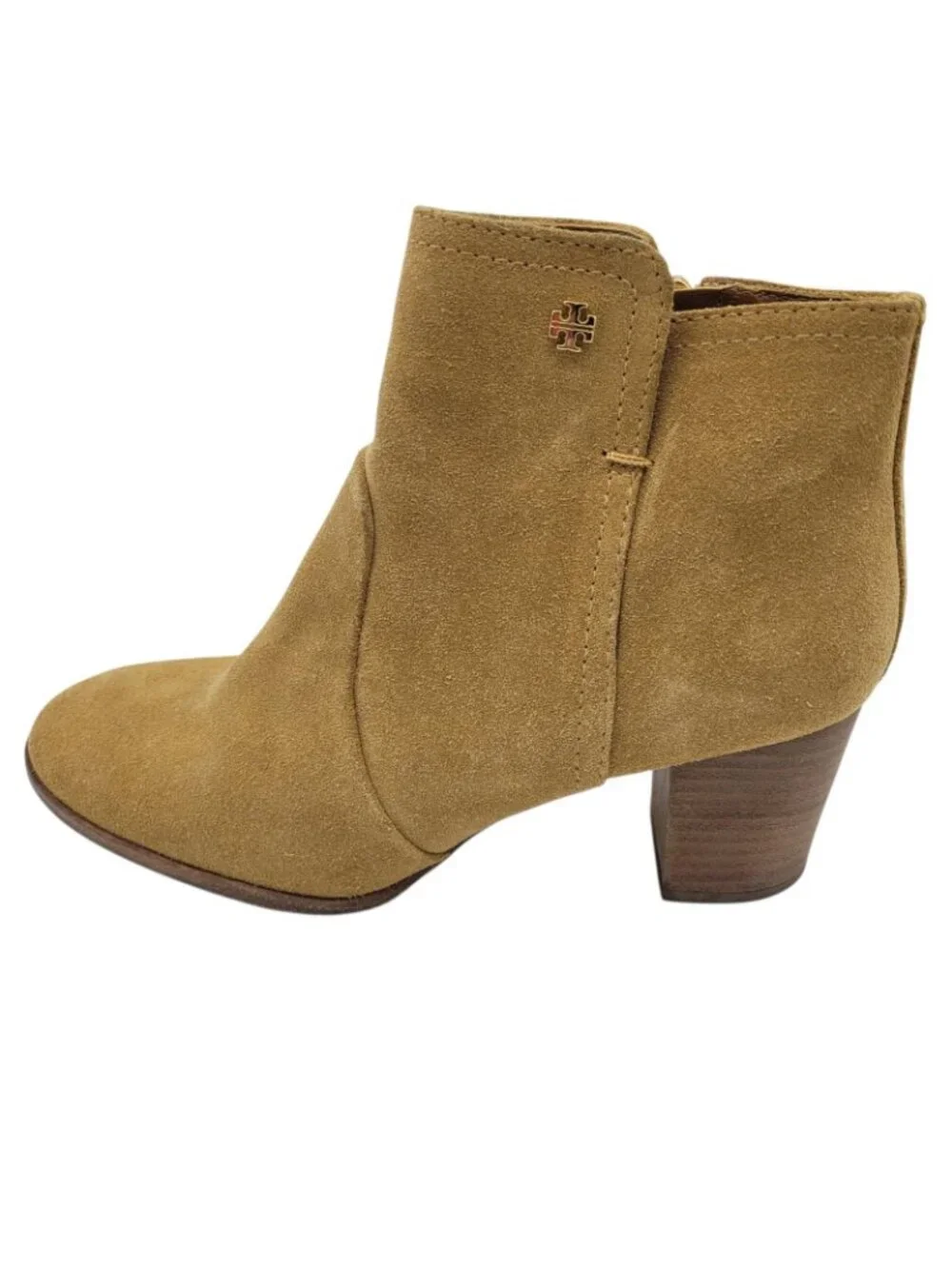 TORY BURCH Sabe Suede Ankle Boots Womens 8 Caramel Tan Round Toe Stacked Heel